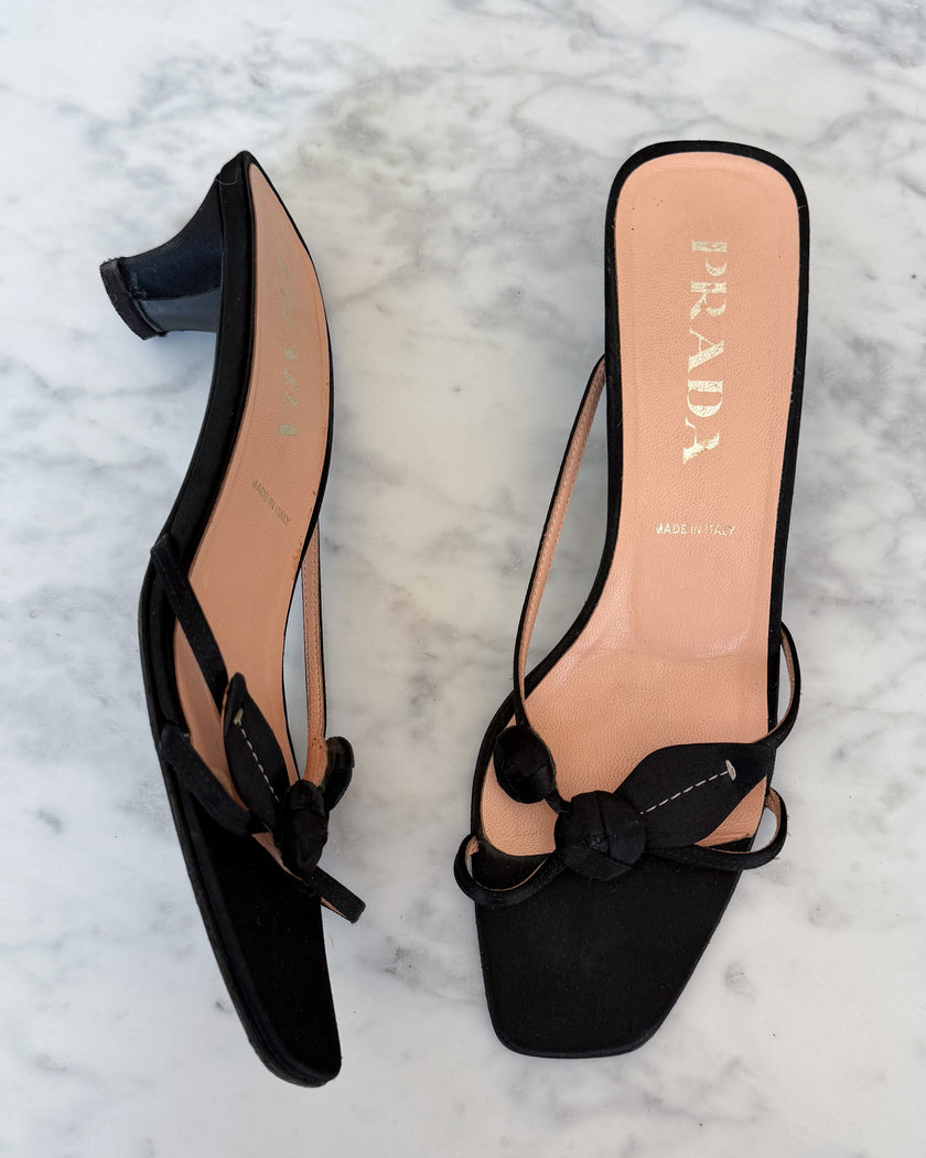 Archival Prada Black Satin Rose Kitten Heel Mules (38.5)