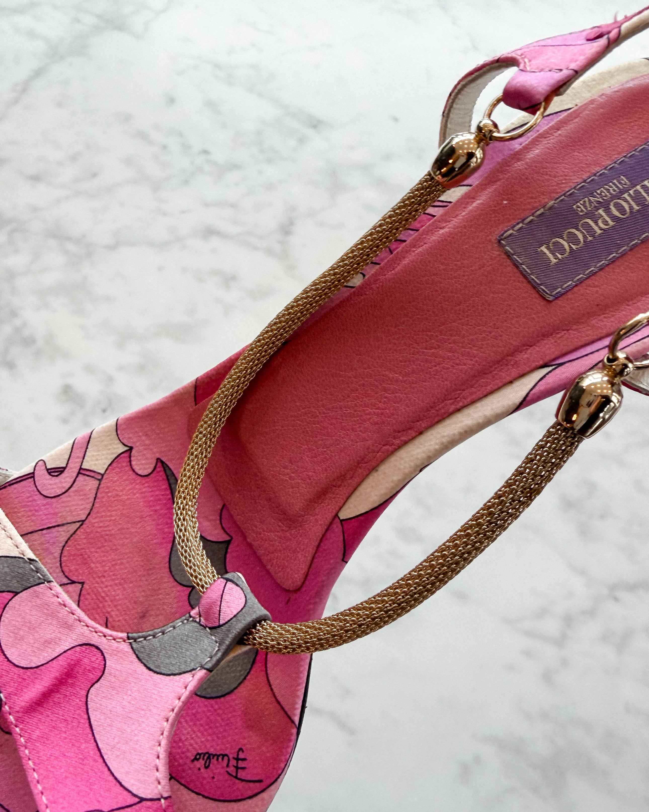 Emilio Pucci 2000s Pink Print Slingback Heels with Gold Chain Detail (35.5)