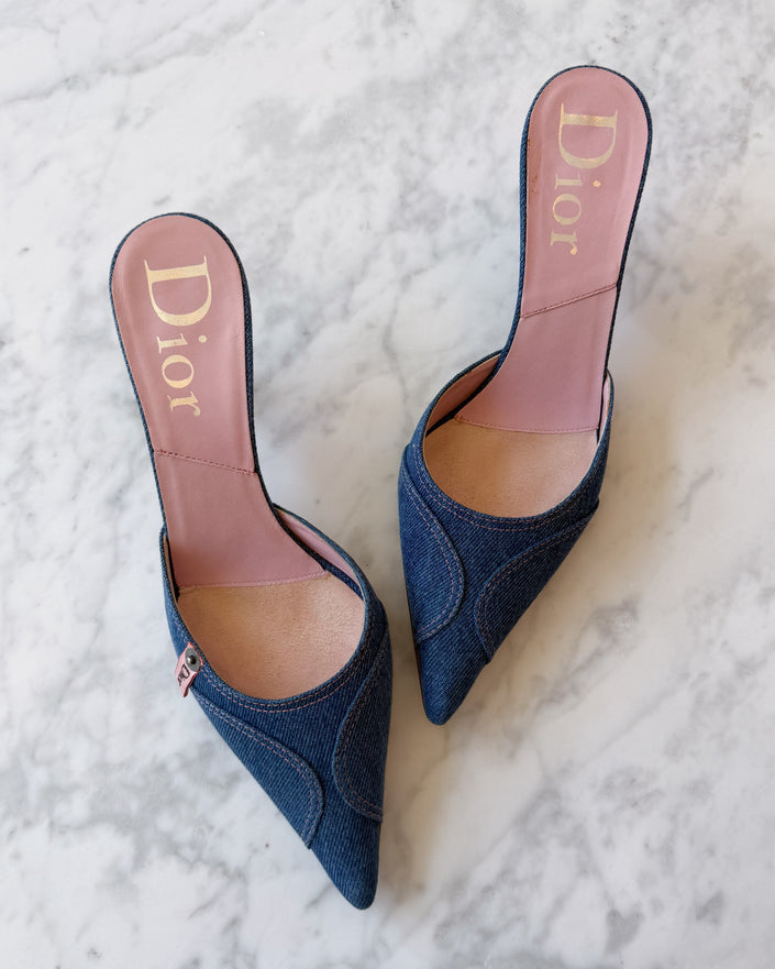 Dior By John Galliano Denim Mules With Pink Detail (EU 39)