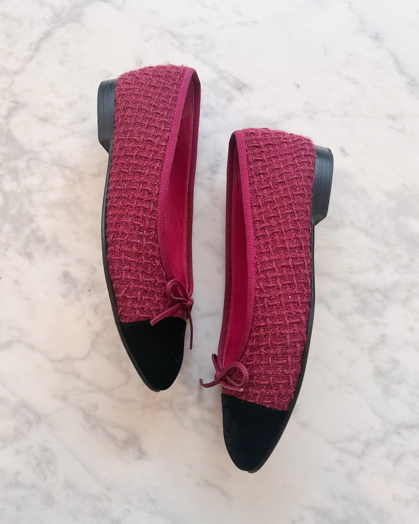 Chanel Burgundy Tweed with Silver Thread & Black Velvet CC Ballet Flats (36.5)