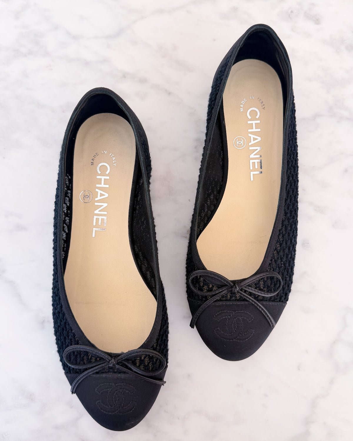Chanel Black Mesh CC Cap Toe Ballet Flats (35.5)