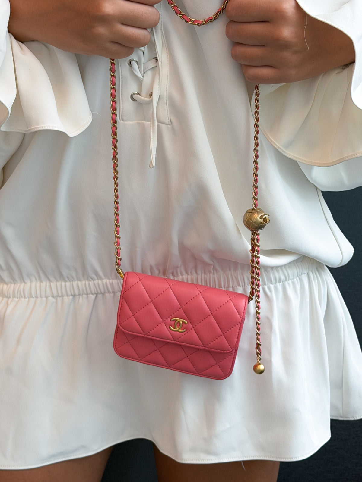 Chanel Coral Pink Quilted Lambskin CC Coco Ball Chain Bag