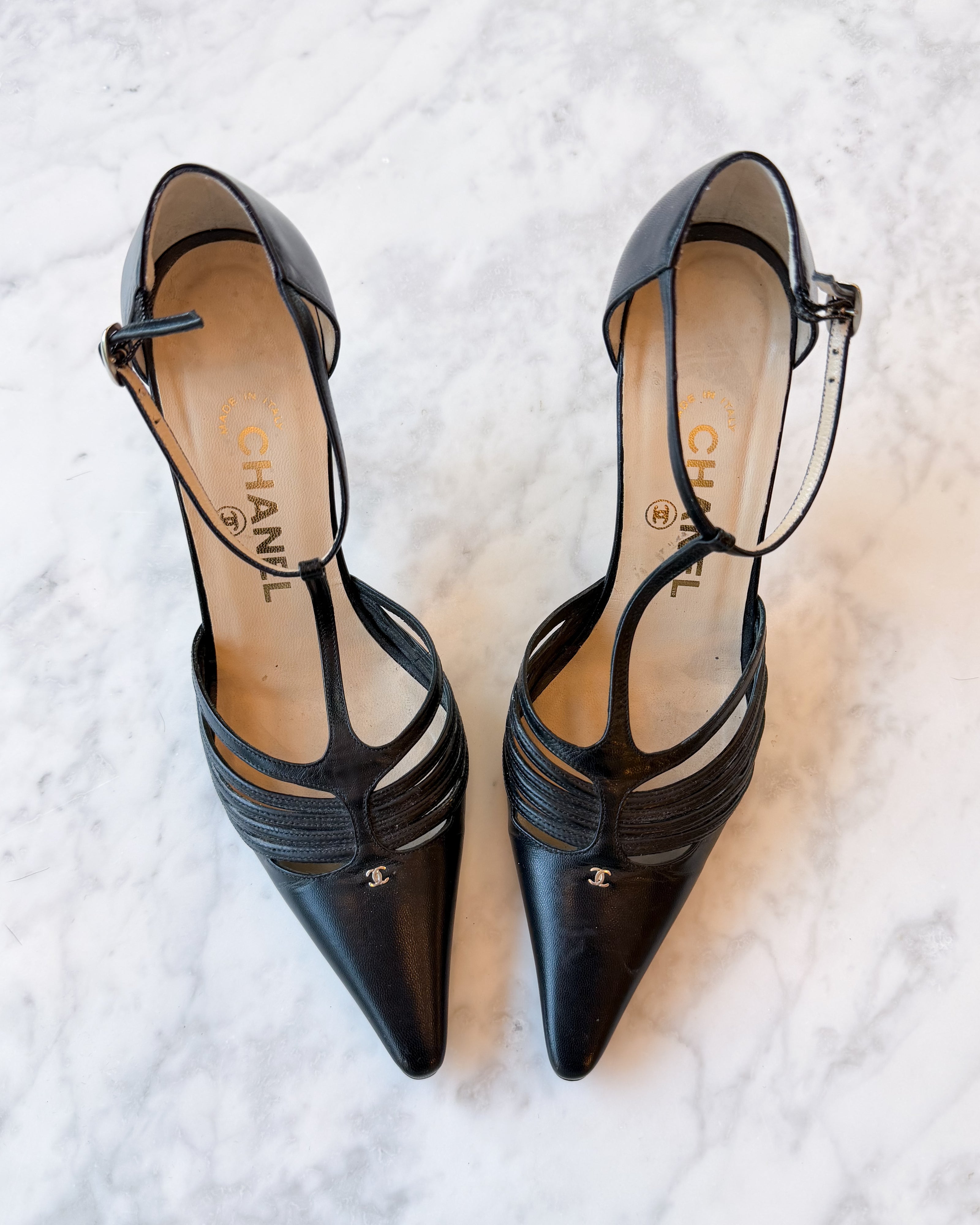 Chanel Black Leather Strappy CC Pumps With Signature Metal Heel (EU 35.5)