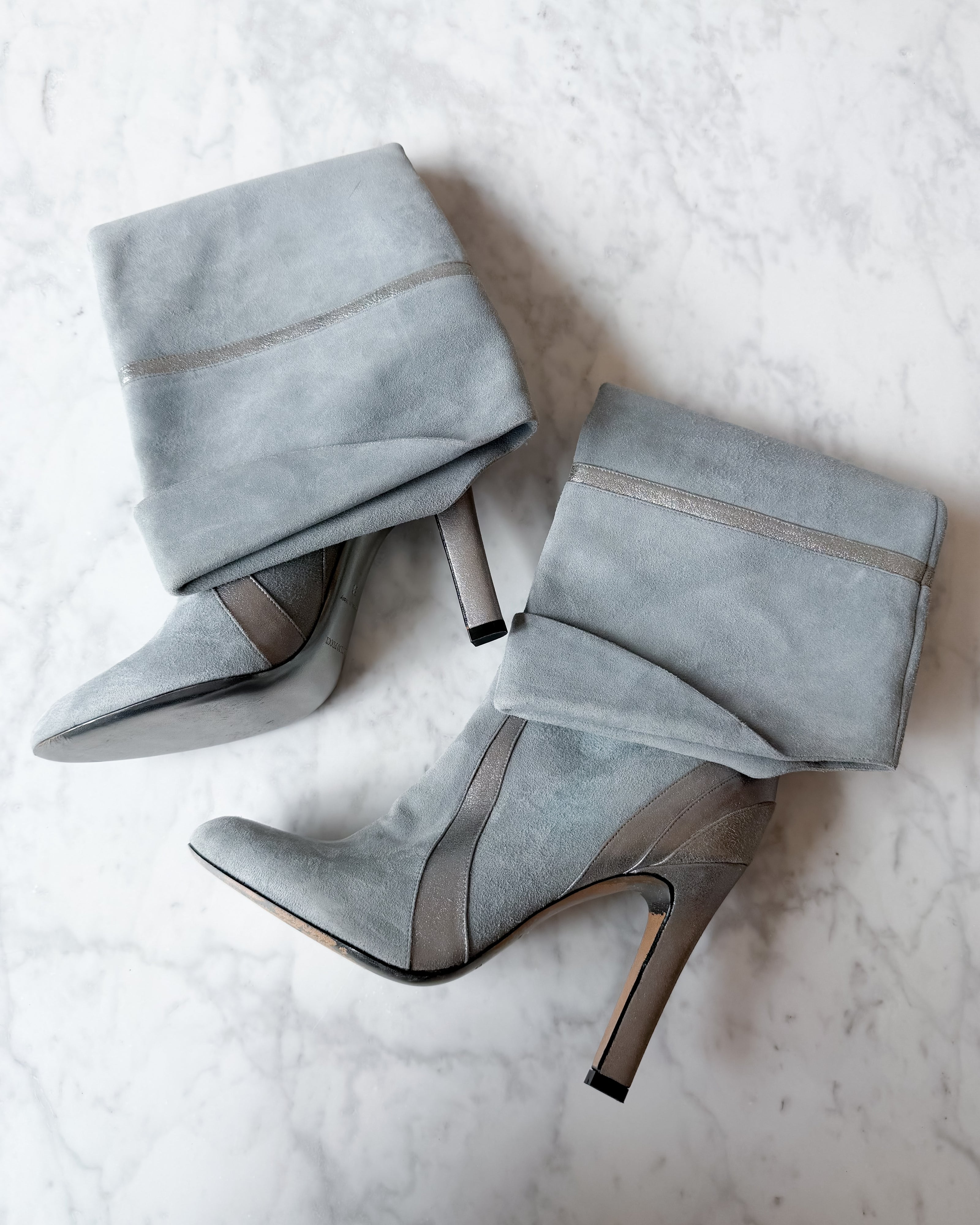 Pucci S/S Baby Blue Suede Knee High Boots with Metallic Silver Paneling and Fold-Over Cuff (38)