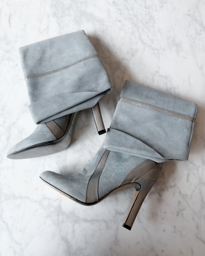 Pucci S/S Baby Blue Suede Knee High Boots with Metallic Silver Paneling and Fold-Over Cuff (38)