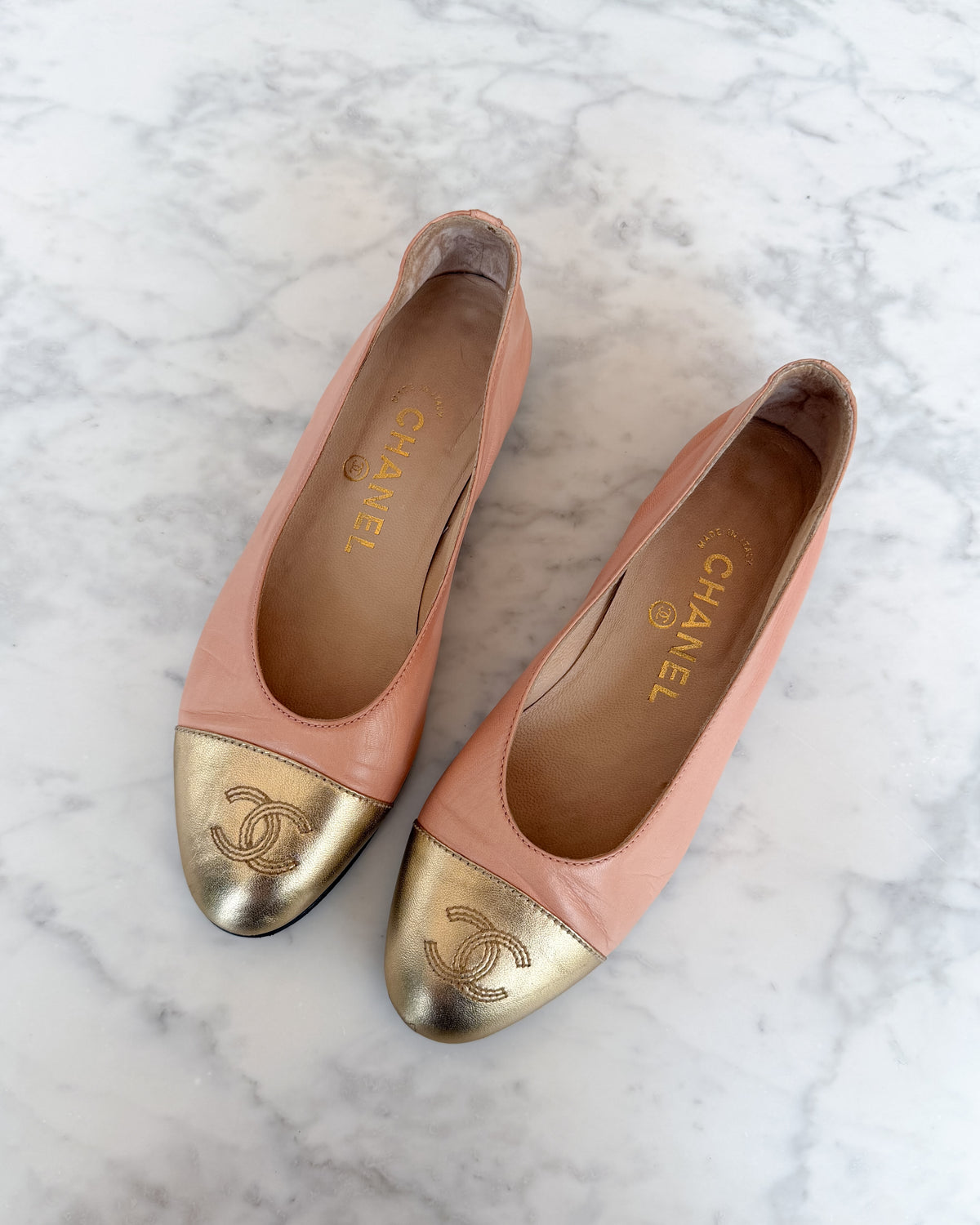 Chanel Blush Pink & Gold CC Cap Toe Ballet Flats (36)