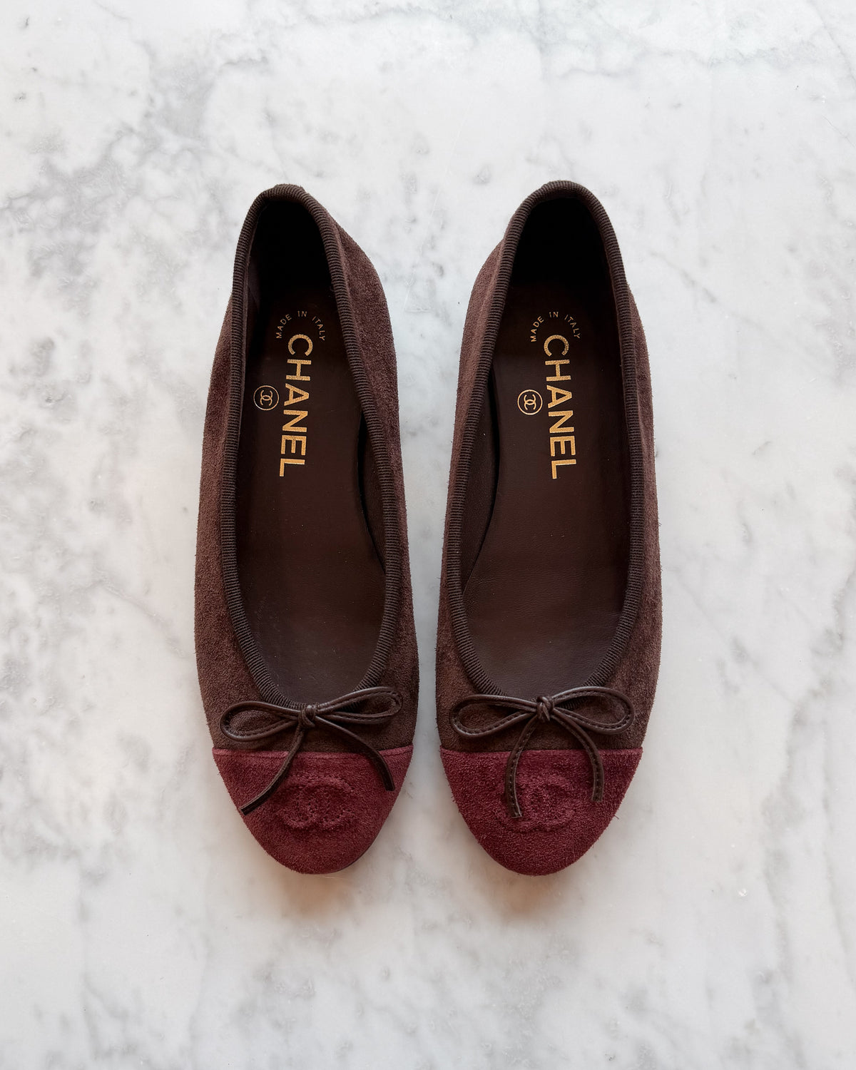 Chanel Chocolate Brown & Burgundy Suede Cap-Toe Ballet Flats (36.5)