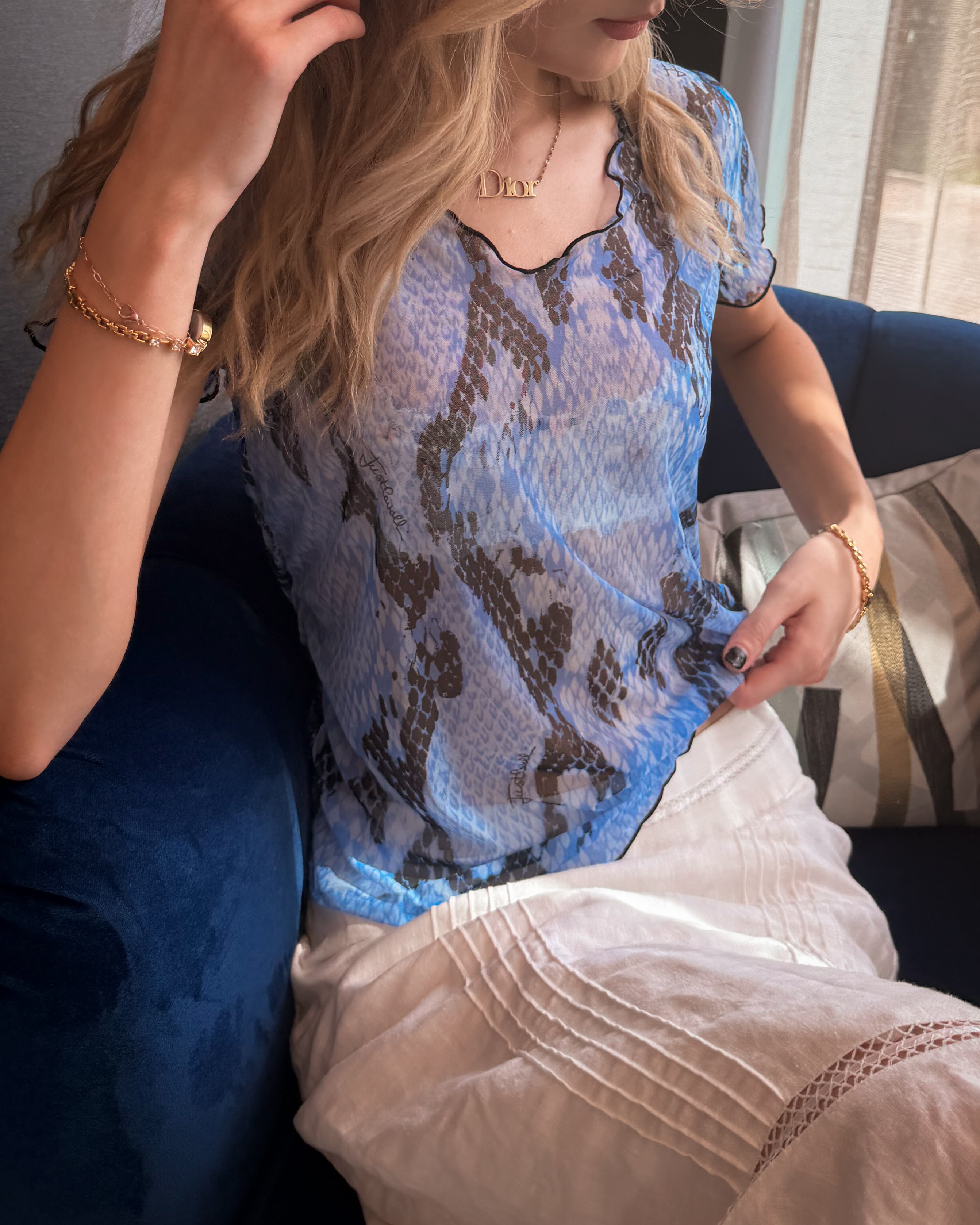 Cavalli Mesh top Snake Print Blue and Black (M)