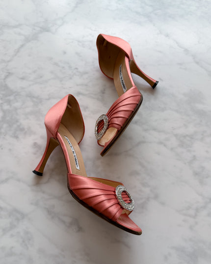 Manolo Blahnik Sedaraby Peach Pink Satin Heels with Crystal Buckle (35)