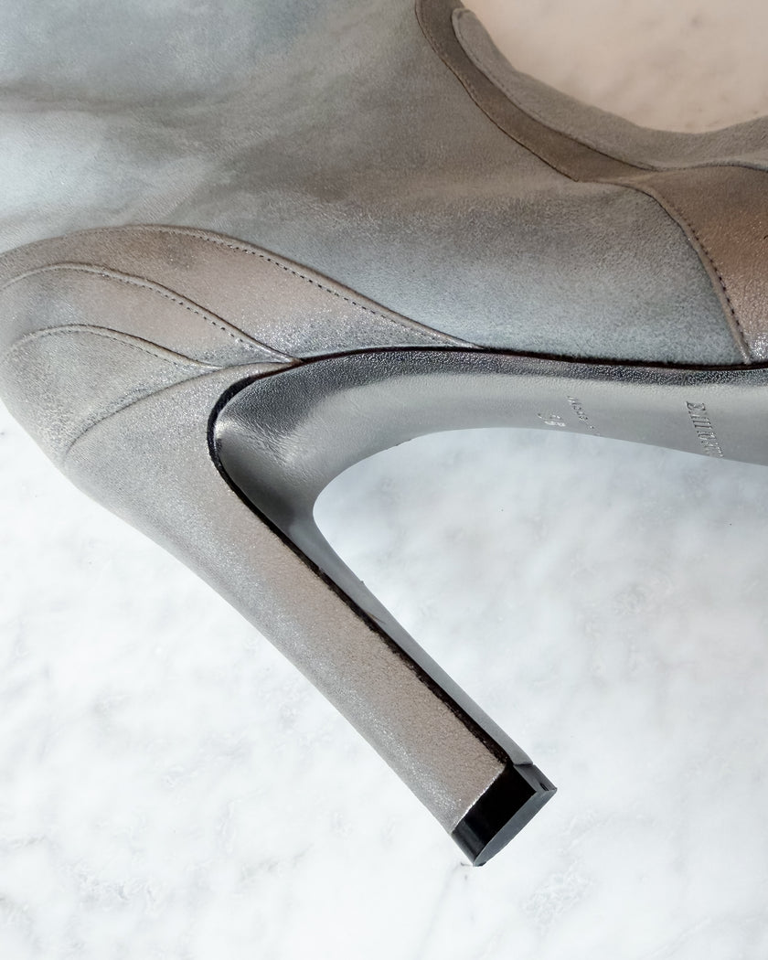 Pucci S/S Baby Blue Suede Knee High Boots with Metallic Silver Paneling and Fold-Over Cuff (38)