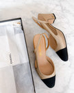 Chanel Gold Champagne Black Cap Toe Slingback Heels (35)