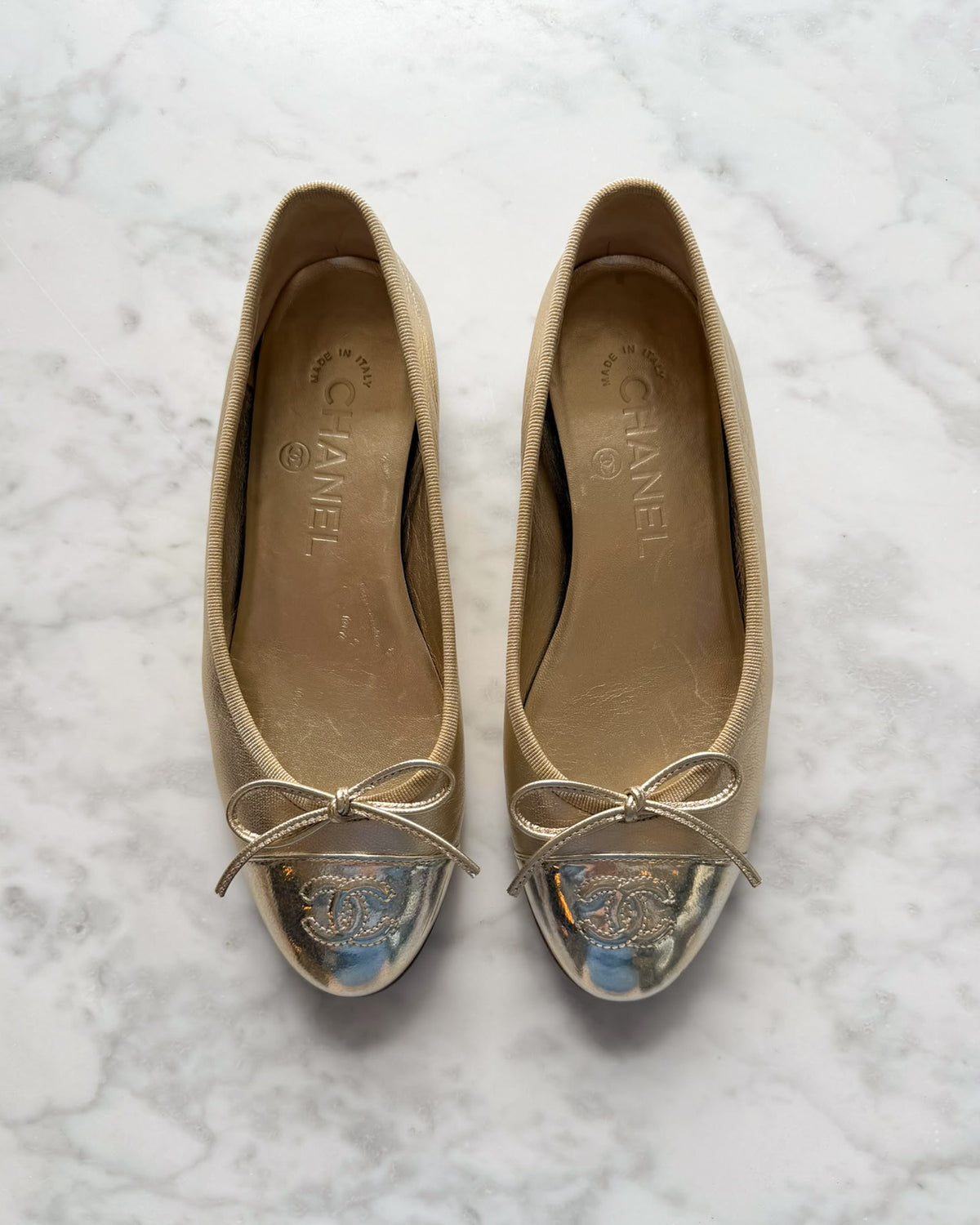 Chanel Metallic Champagne and Silver Holo CC Ballet Flats (34.5)