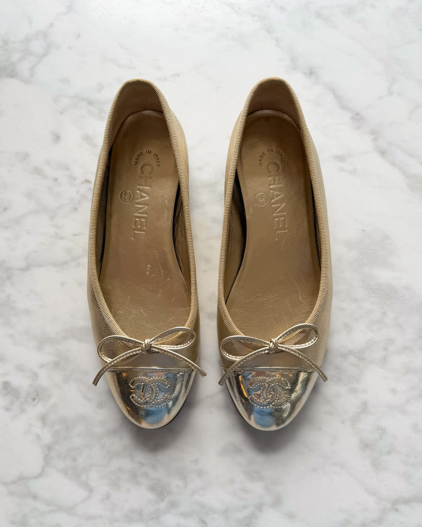 Chanel Metallic Champagne and Silver Holo CC Ballet Flats (34.5)