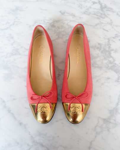 Chanel Coral Shimmer Gold CC Cap Toe Ballet Flats (41.5)