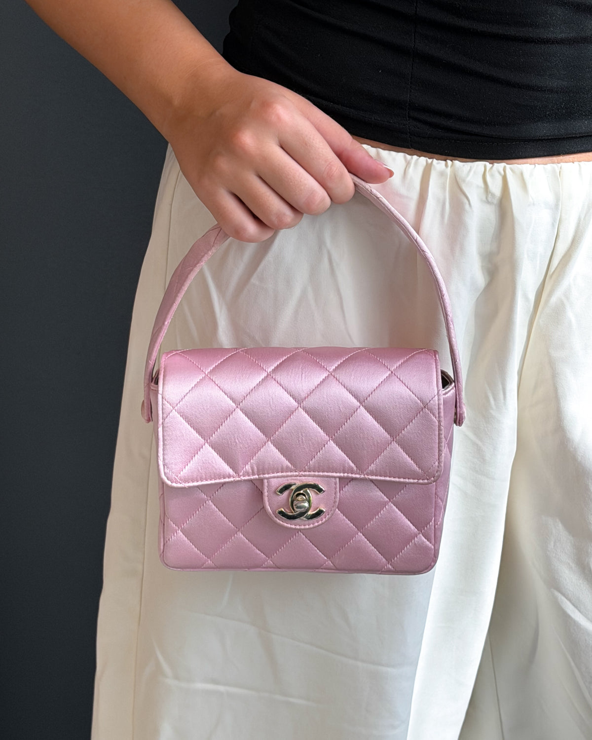 Chanel Baby Pink Satin Quilted Handbag with Silver Hardware - VERY RARE ARCHIVAL PIECE