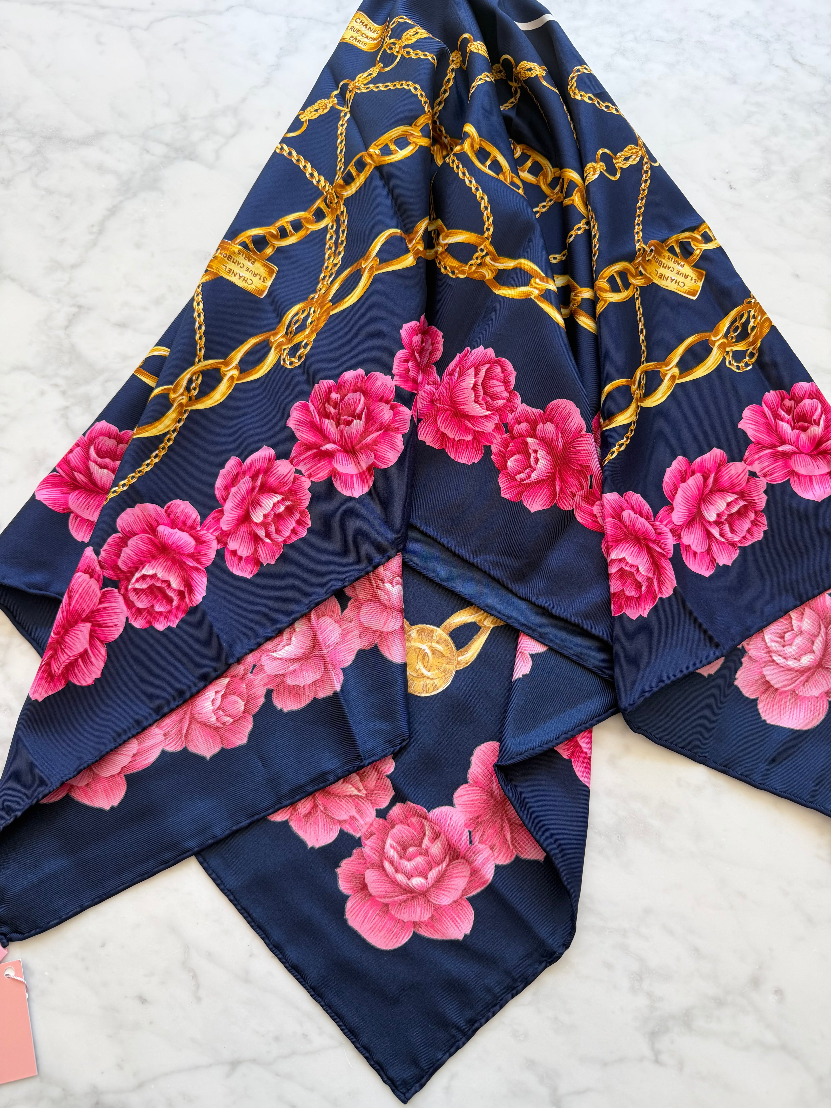 Chanel Vintage Large Silk Scarf CC Logo Pink Camellia Gold Chain Print (Brand New!)