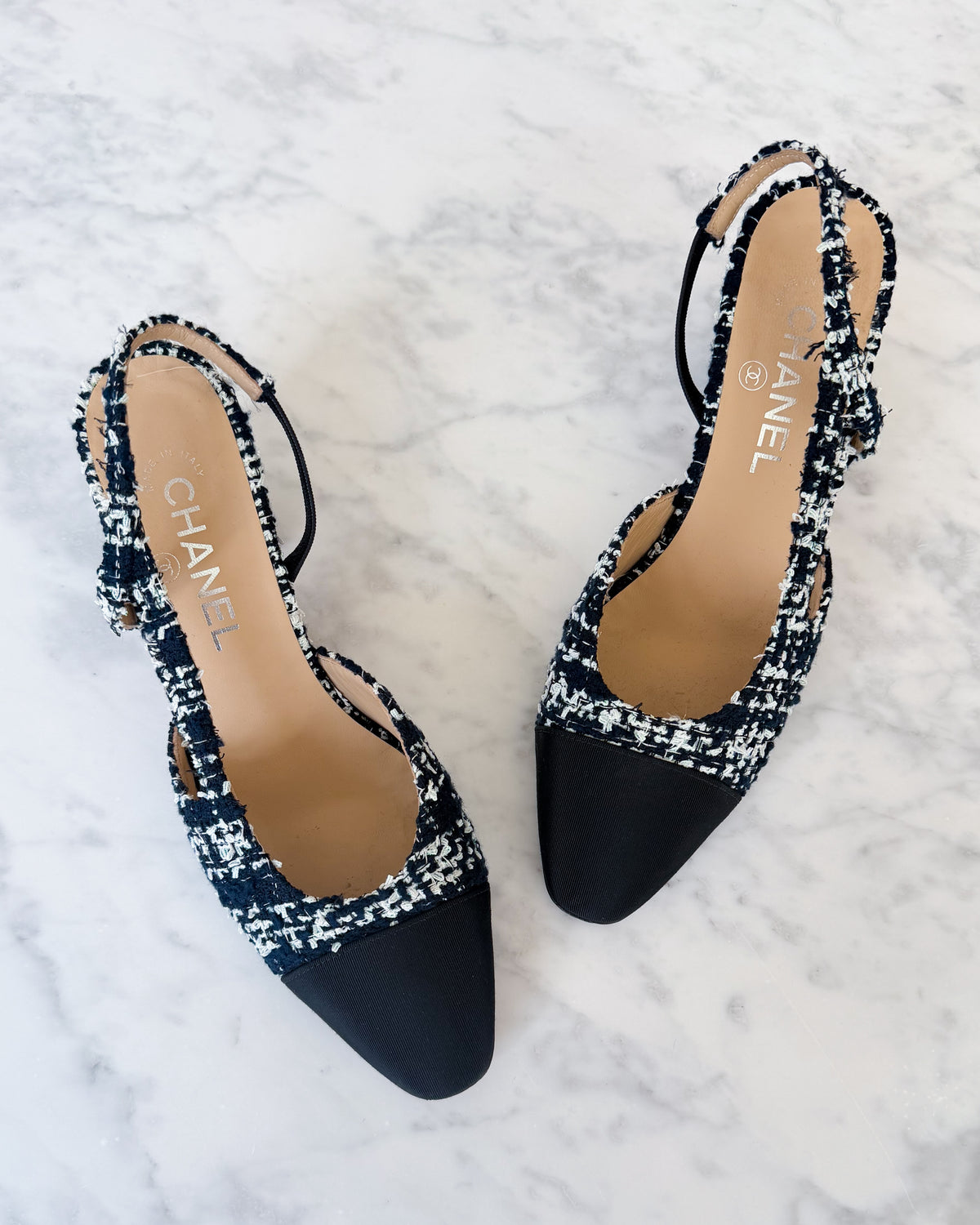 Chanel Navy Blue & Shimmer Tweed CC Slingbacks (38.5)