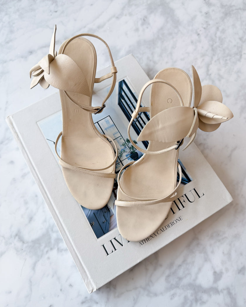 Celine Ivory Leather Floral Heel Sandals (EU 36.5)