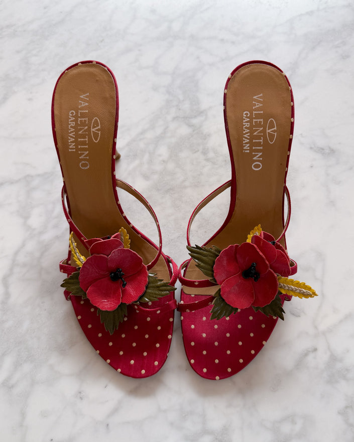 Valentino Garavani 2000s Red Polka Dot Poppy Floral Appliqué Mule Heels (40)