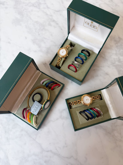 Vintage Gucci Gold Bracelet Watch - Full Set with 6 Interchangeable Bezels & Box