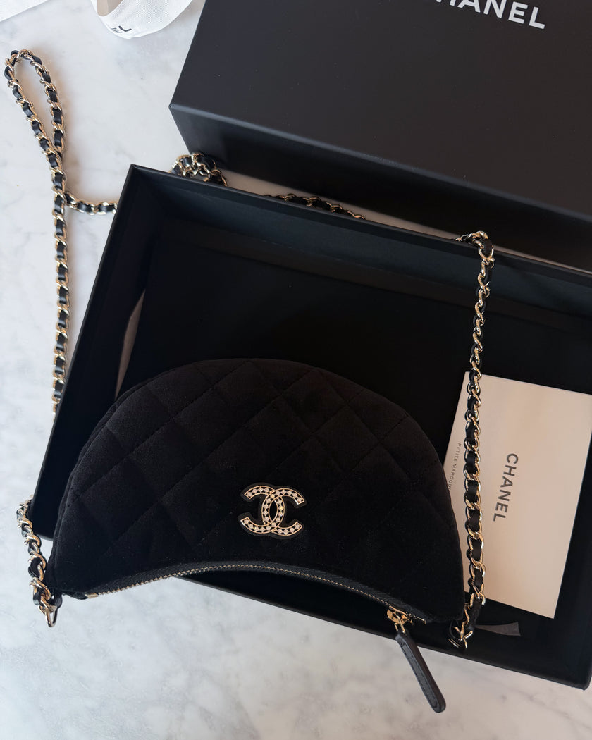 2024 Chanel Black Velvet Crystal CC Half Moon Bag
