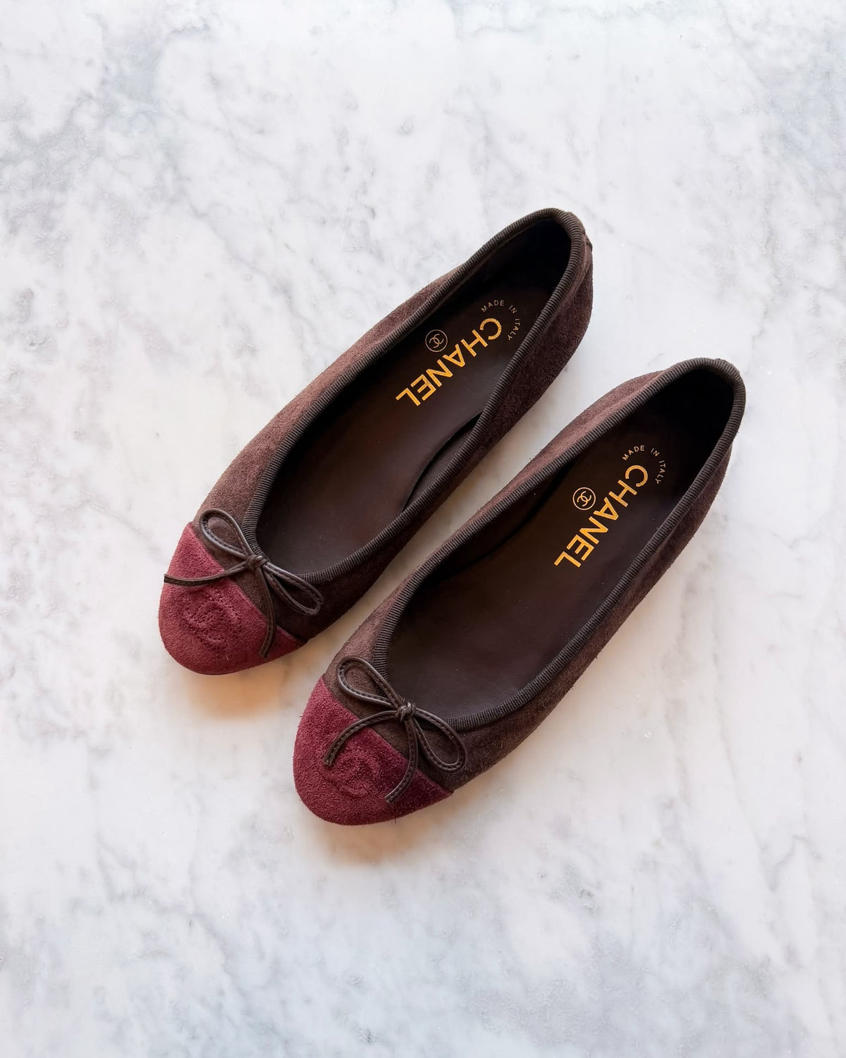 Chanel Chocolate Brown & Burgundy Suede Cap-Toe Ballet Flats (36.5)