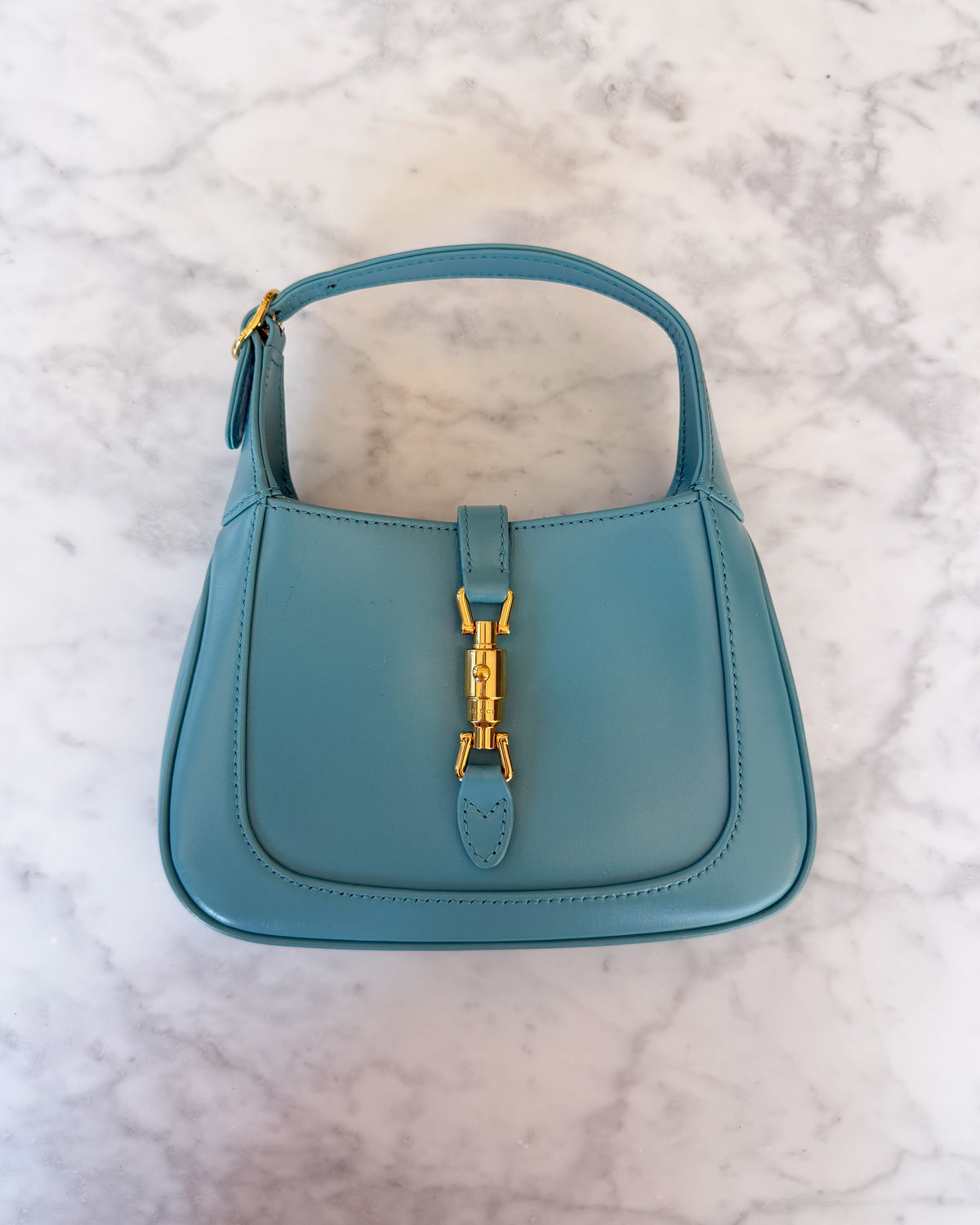 UNWORN Gucci Jackie 1961 Turquoise Aqua Leather Shoulder Bag with Gold Hardware & Additional Strap