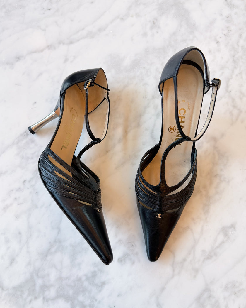 Chanel Black Leather Strappy CC Pumps With Signature Metal Heel (EU 35.5)