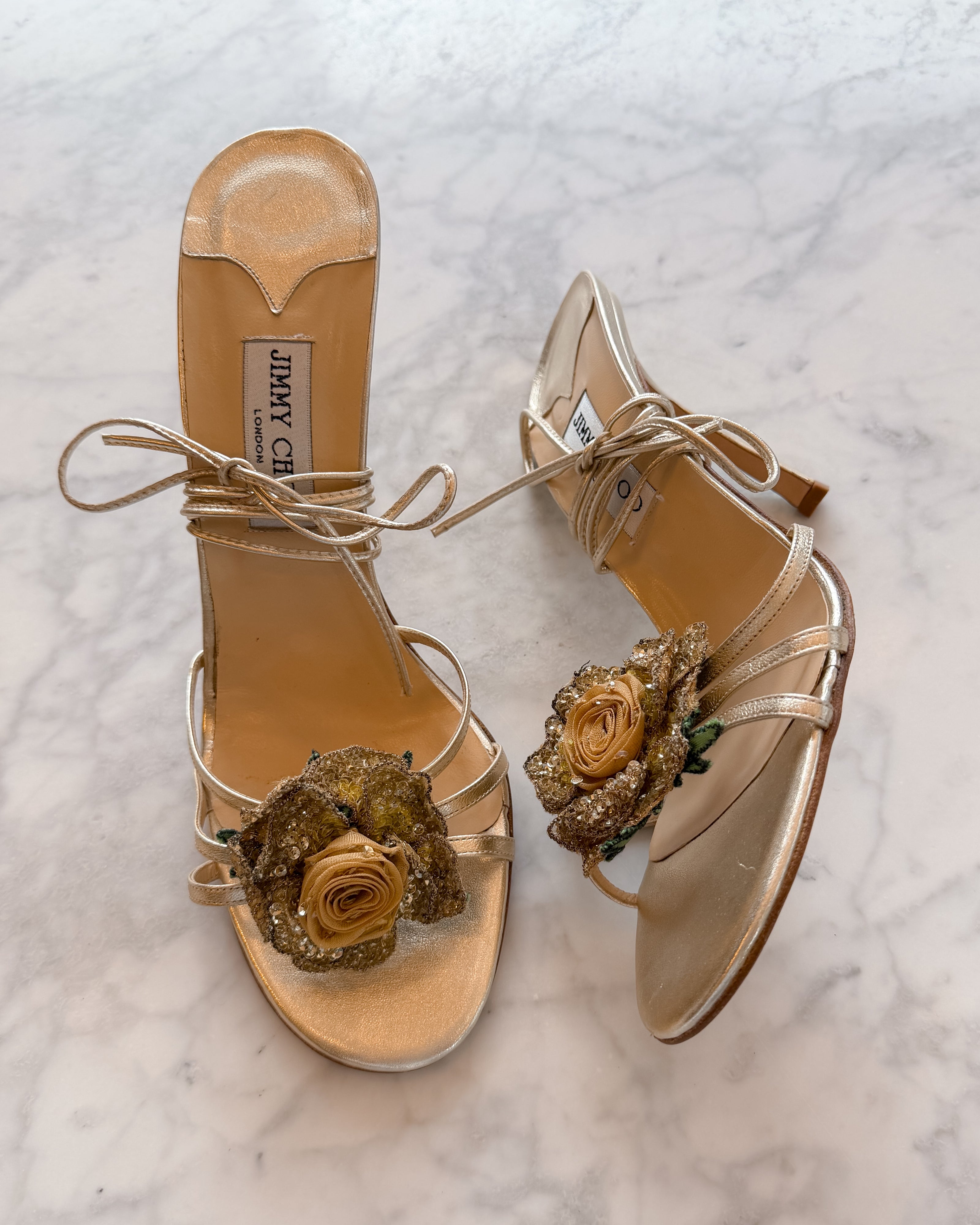 Jimmy Choo Gold Rose Floral Lace-Up Heels (42)