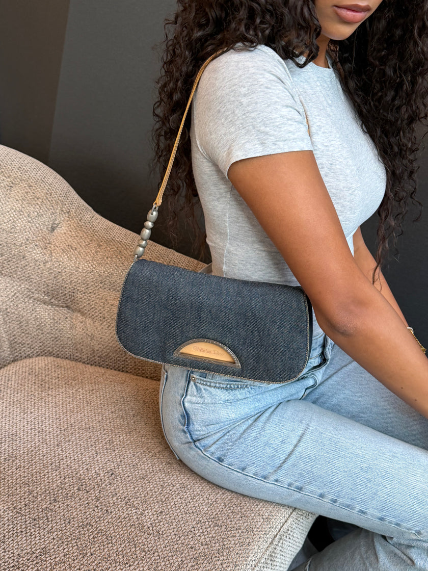 Christian Dior Malice Denim Shoulder Bag with Silver Hardware
