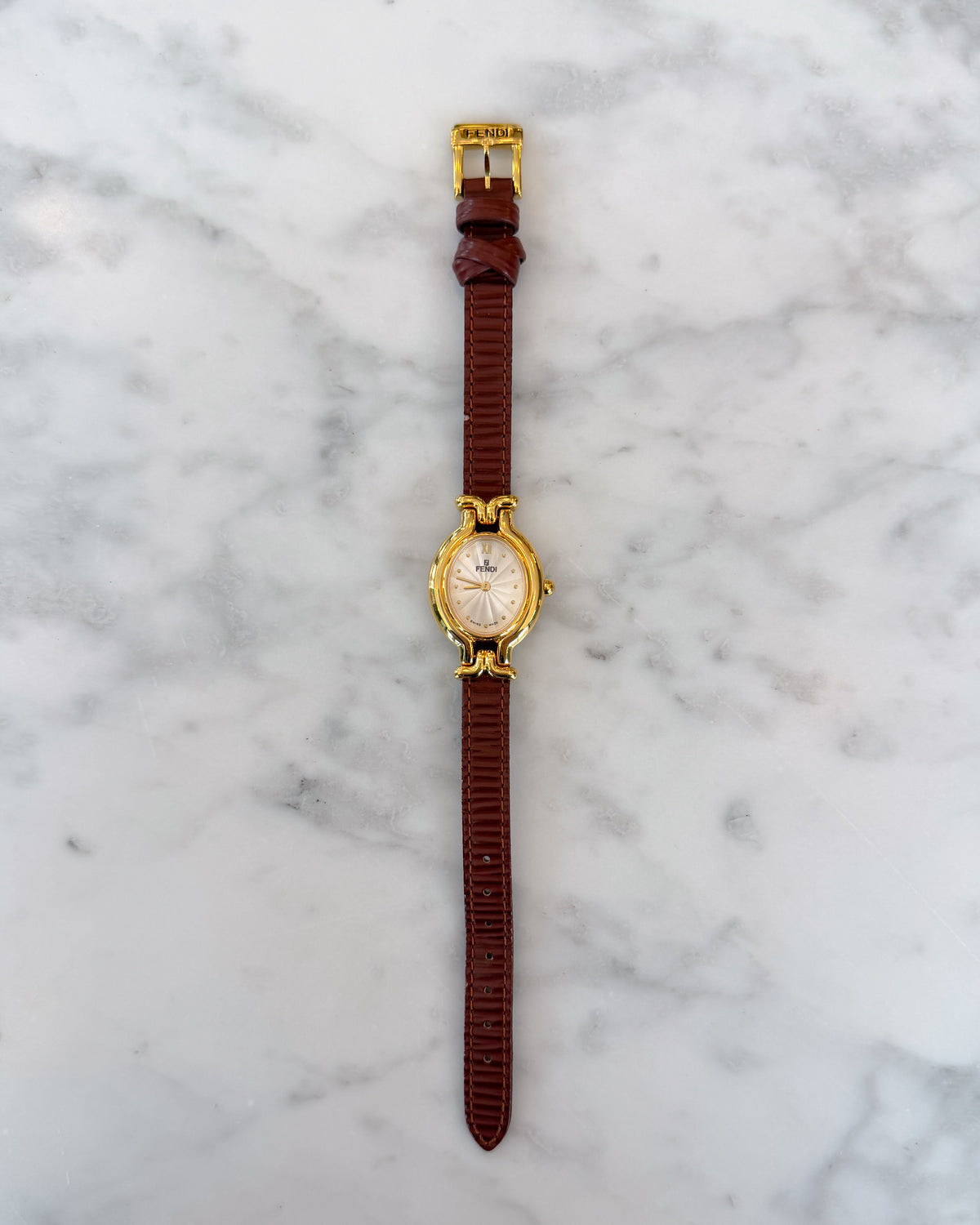 Vintage Fendi Gold Tone Watch with Brown Leather Strap