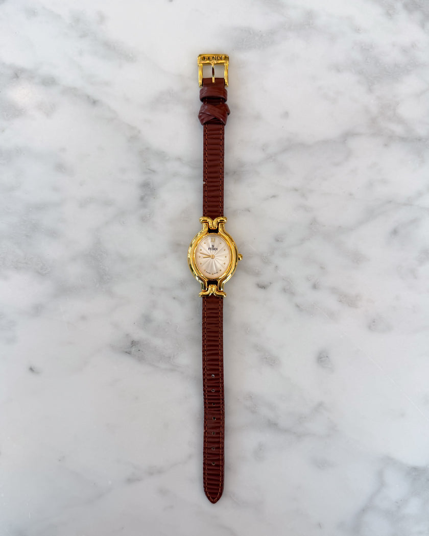 Vintage Fendi Gold Tone Watch with Brown Leather Strap