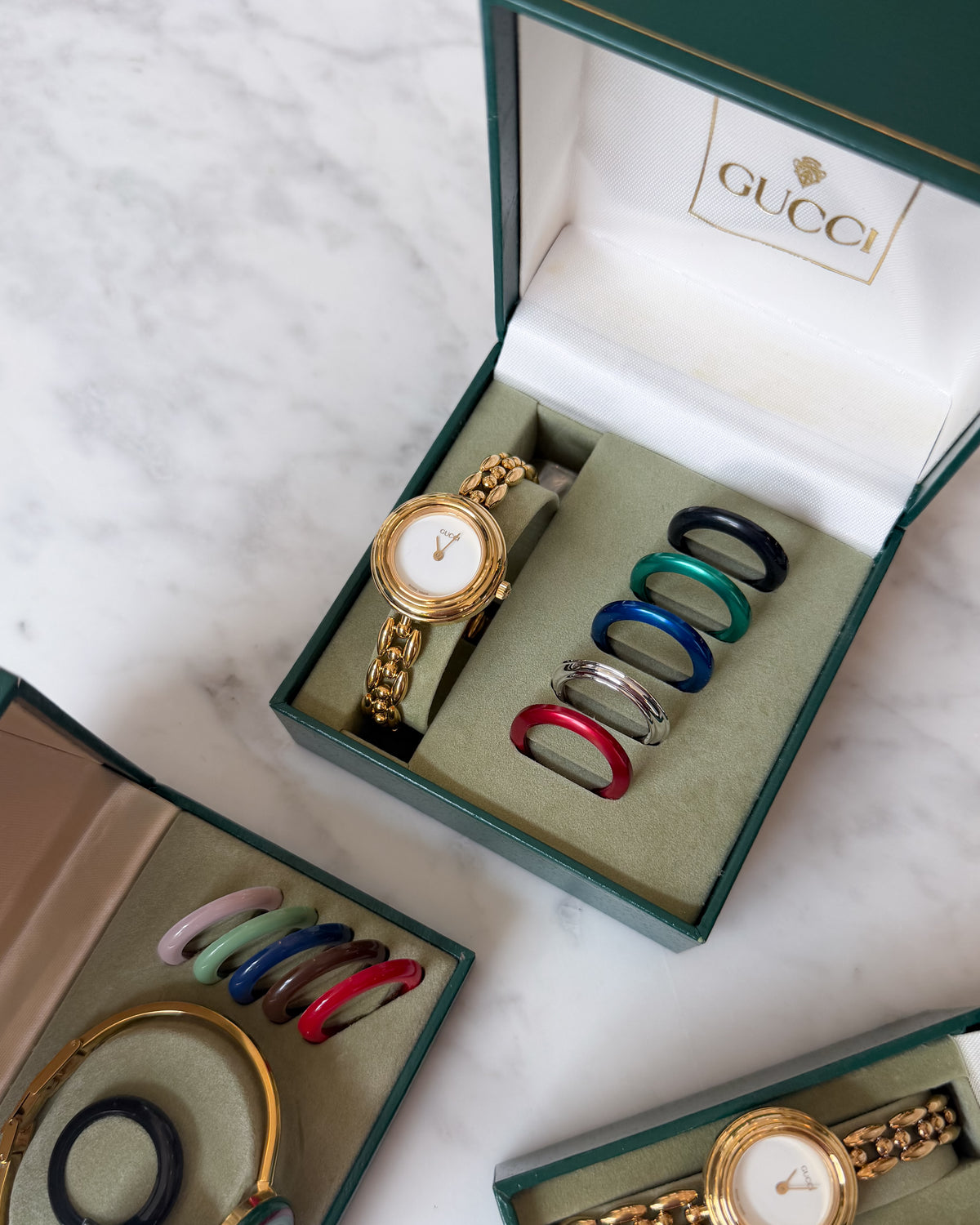 Vintage Gucci Gold Bracelet Watch - Full Set with 6 Interchangeable Bezels & Original Box