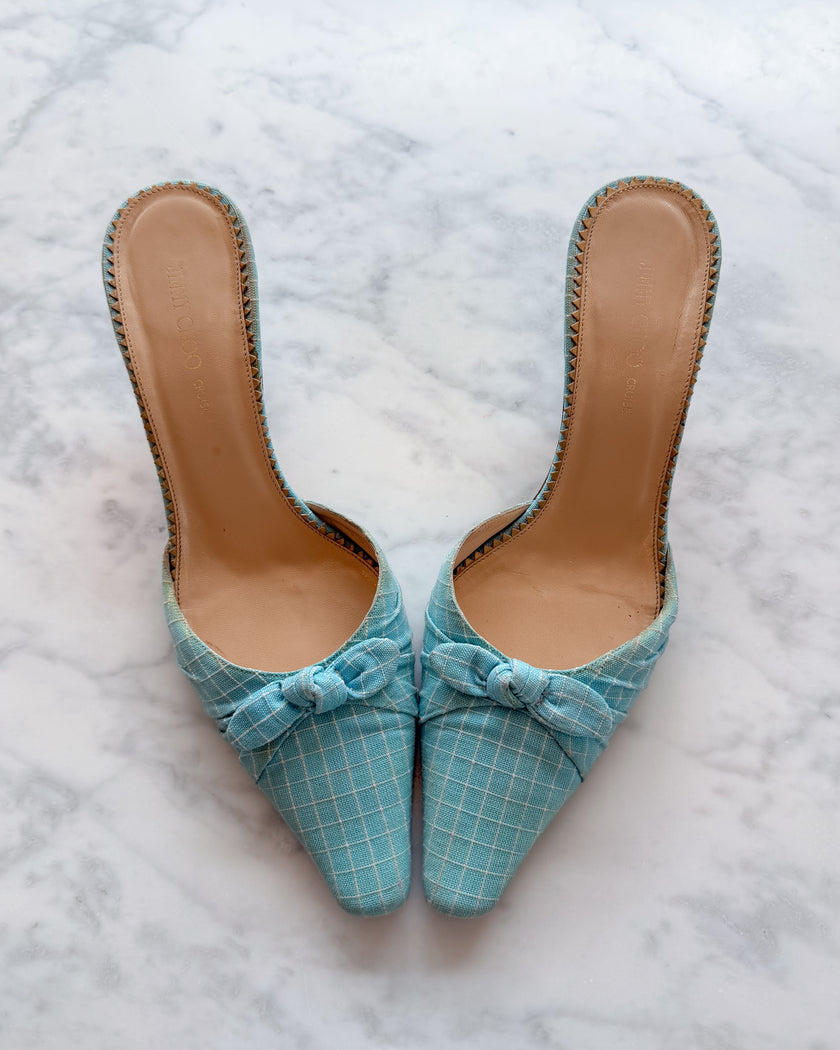 Jimmy Choo Turquoise Check Bow Kitten Heel Mules (39.5)