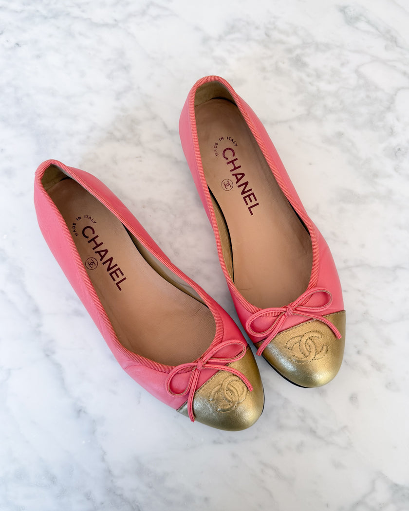 Chanel Raspberry Pink and Gold Two Tone Ballet Flats - Very Rare (35.5)