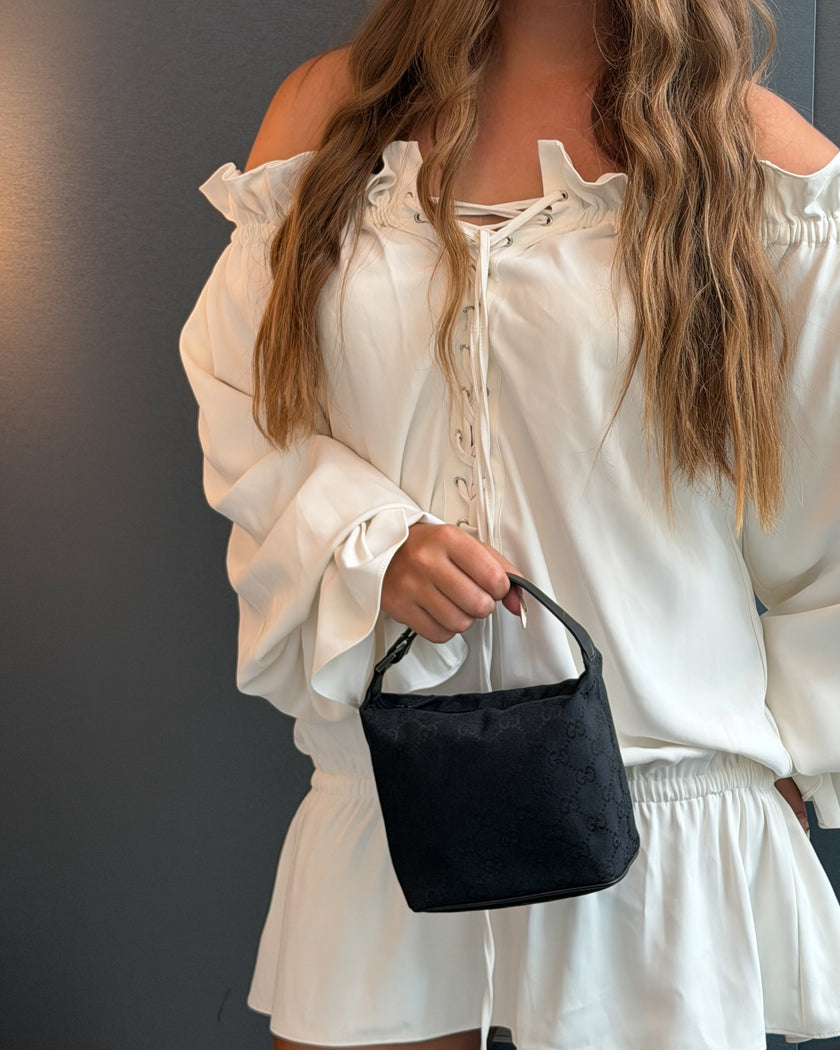 UNWORN Gucci Tom Ford Era Black GG Monogram Canvas & Leather Strap Bag