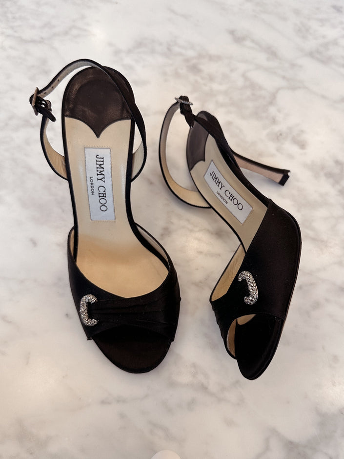 Jimmy Choo Black Satin Destino Heels with Crystal Buckles (36.5) RRP $630