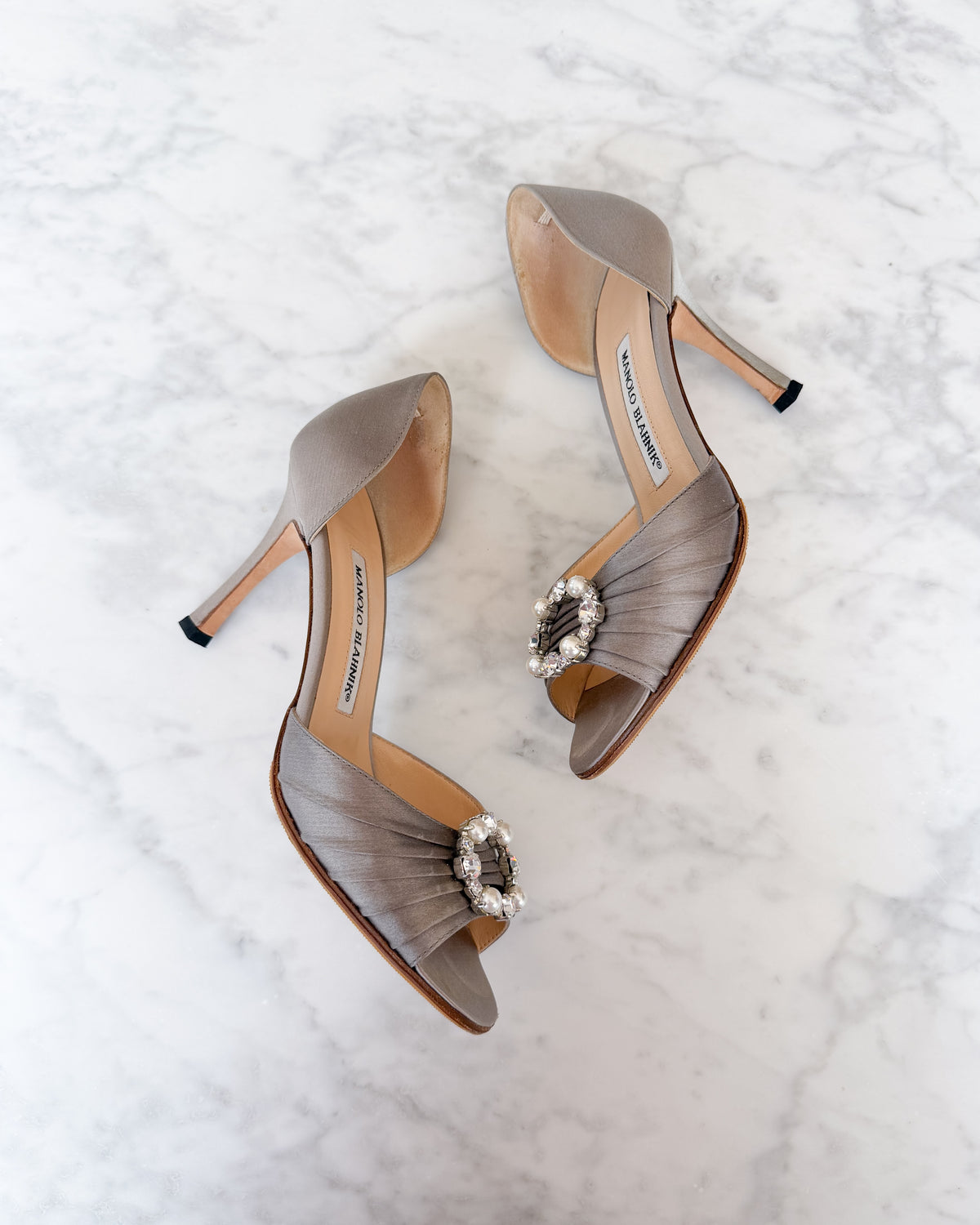 Manolo Blahnik Crystal & Pearl Buckle Slingback Heels (35.5)