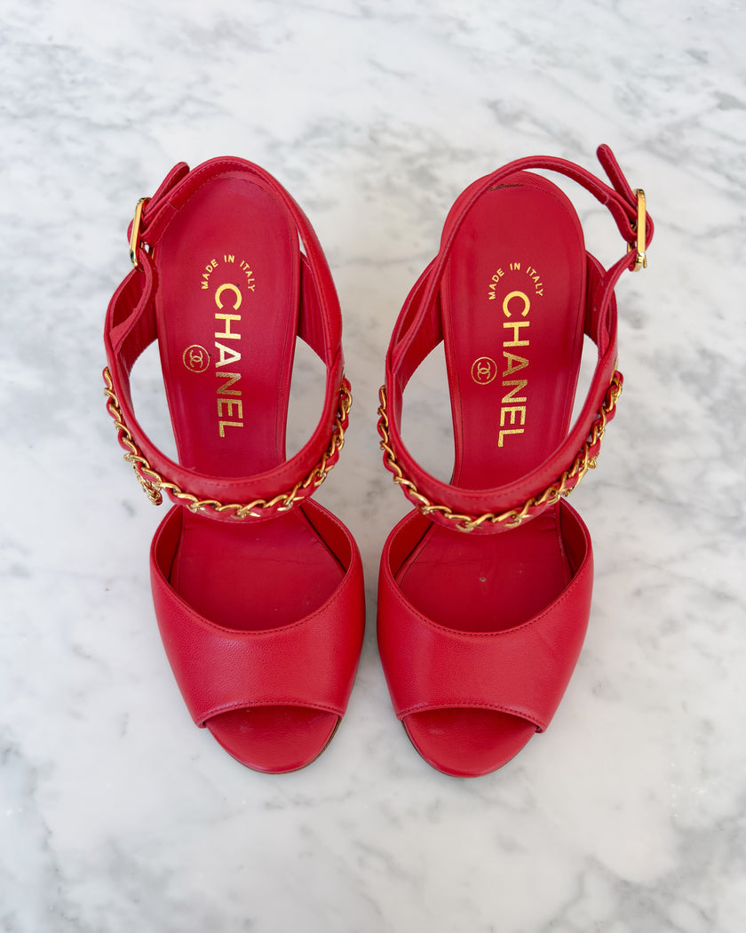 Chanel Watermelon Red Leather CC Logo Chain Open Toe Heels with Clover Charm (36.5)
