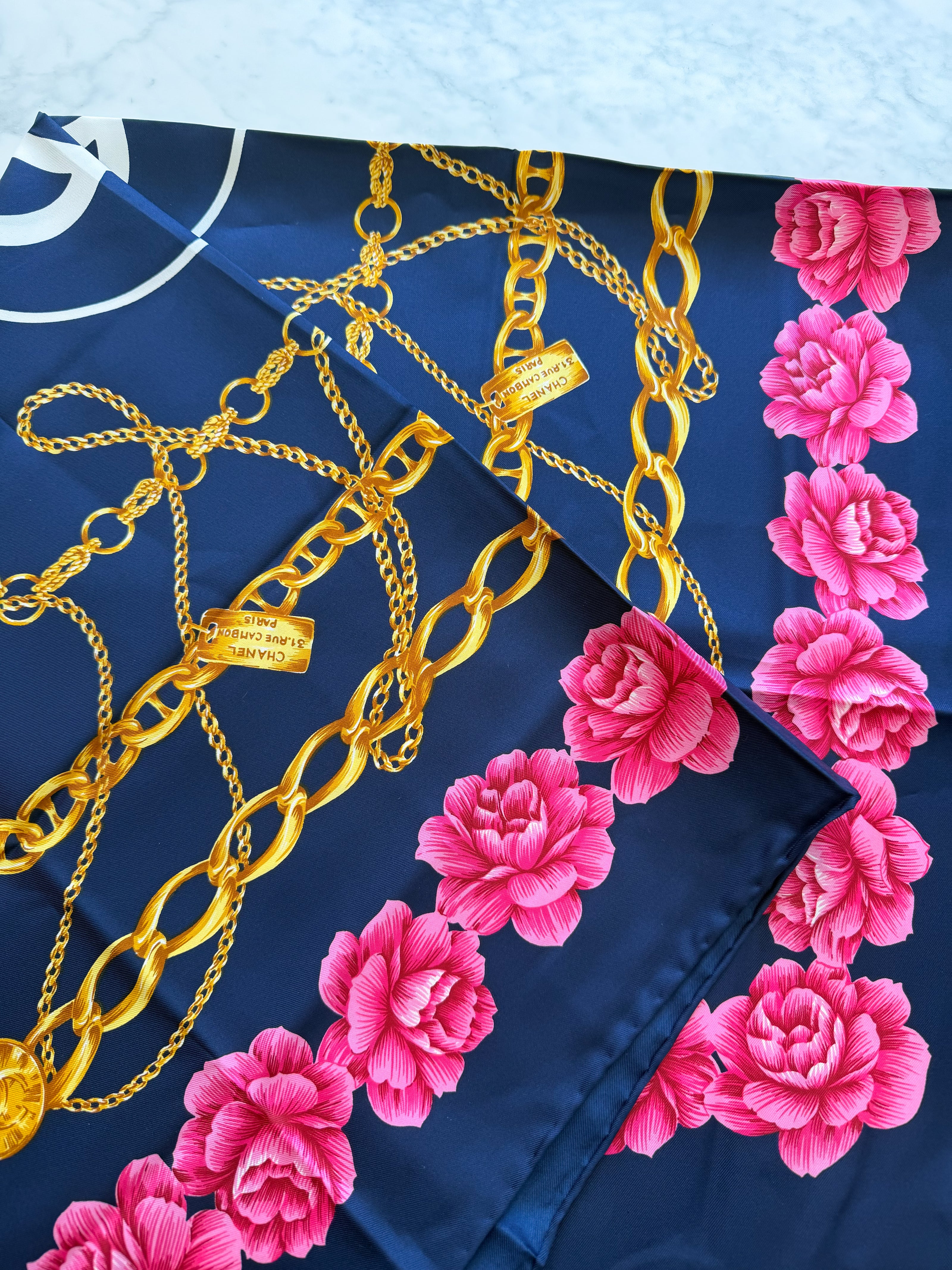 Chanel Vintage Large Silk Scarf CC Logo Pink Camellia Gold Chain Print (Brand New!)