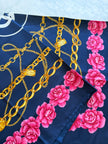 Chanel Vintage Large Silk Scarf CC Logo Pink Camellia Gold Chain Print (Brand New!)