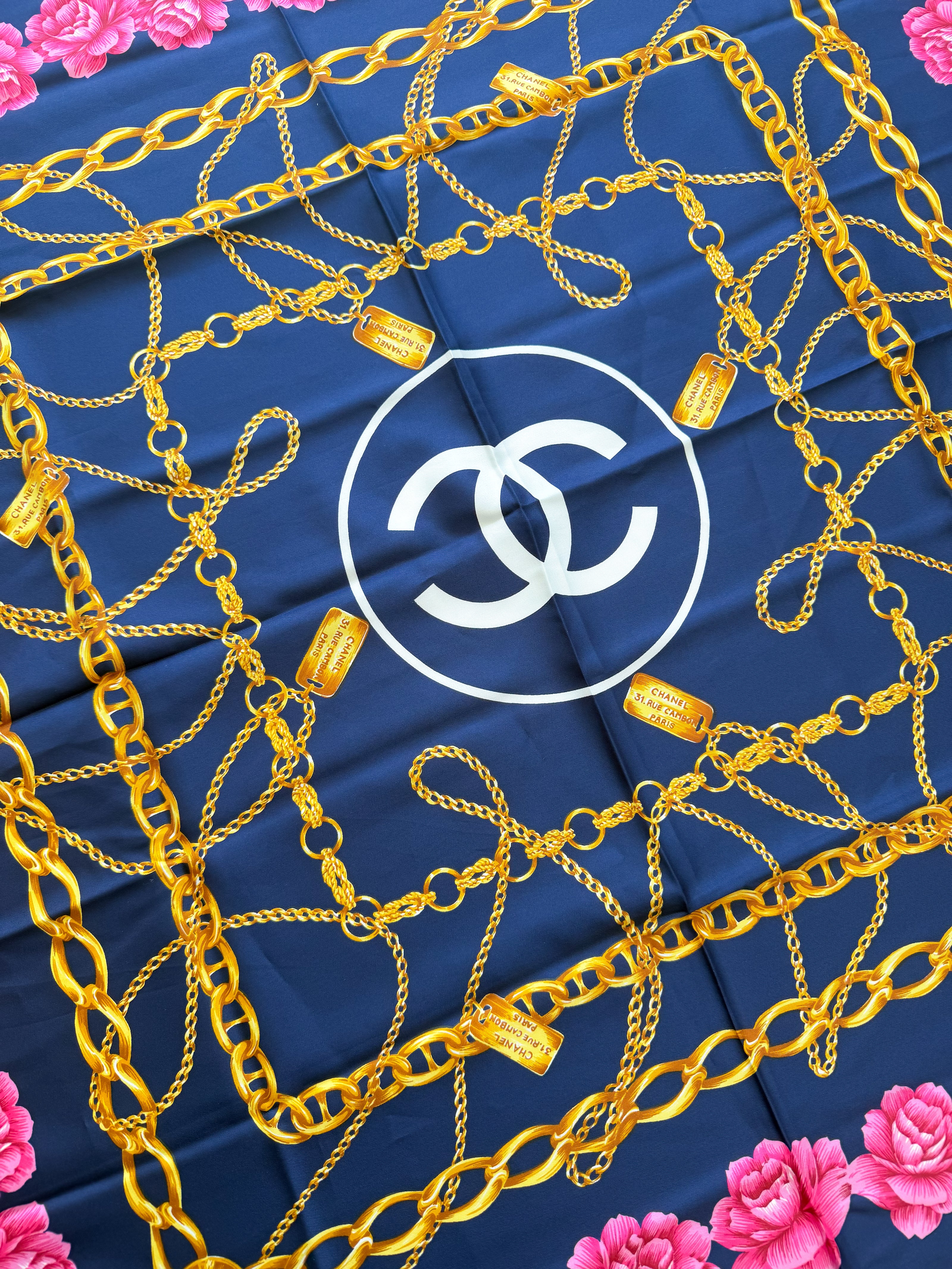 Chanel Vintage Large Silk Scarf CC Logo Pink Camellia Gold Chain Print (Brand New!)