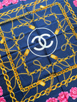 Chanel Vintage Large Silk Scarf CC Logo Pink Camellia Gold Chain Print (Brand New!)