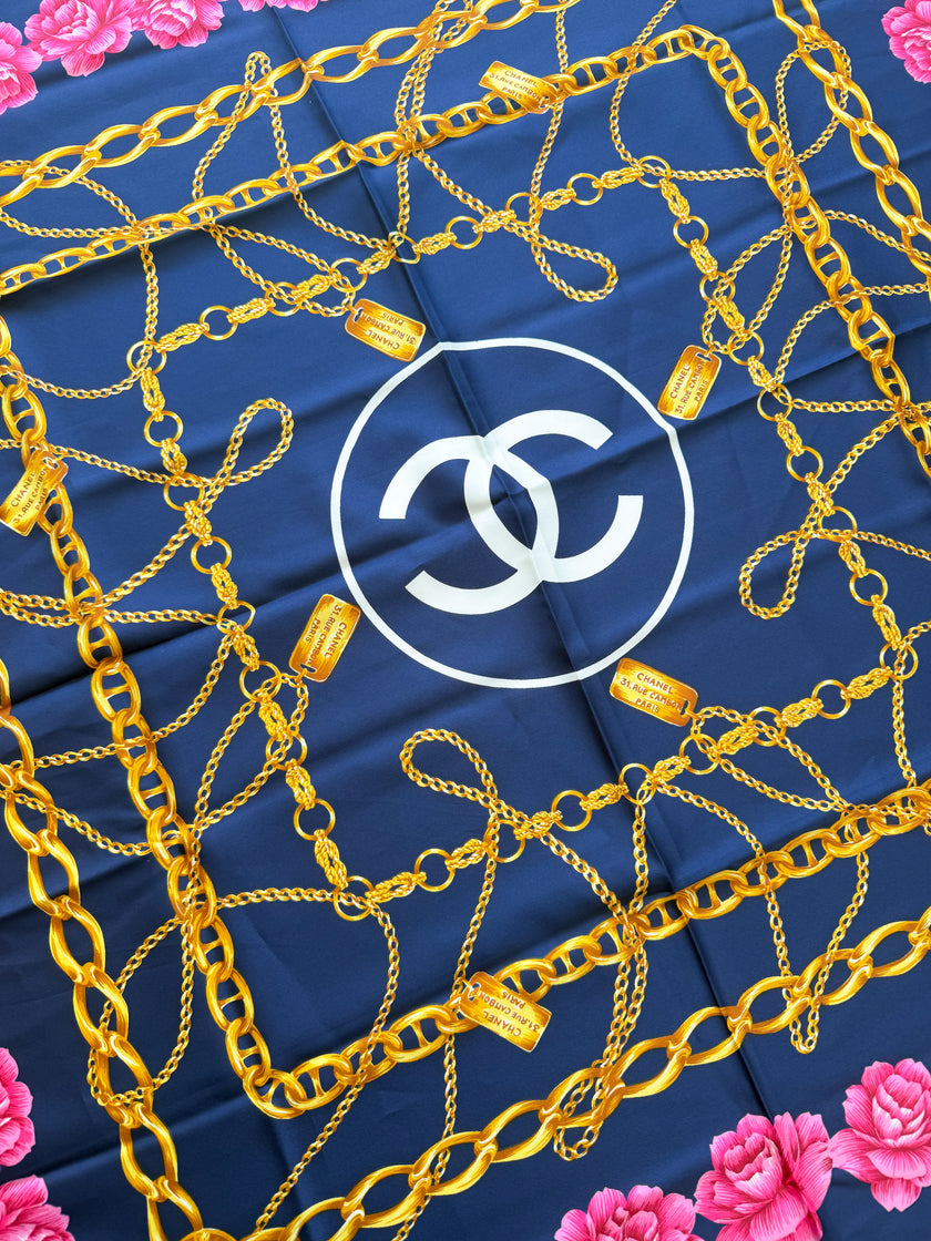 Chanel Vintage Large Silk Scarf CC Logo Pink Camellia Gold Chain Print (Brand New!)
