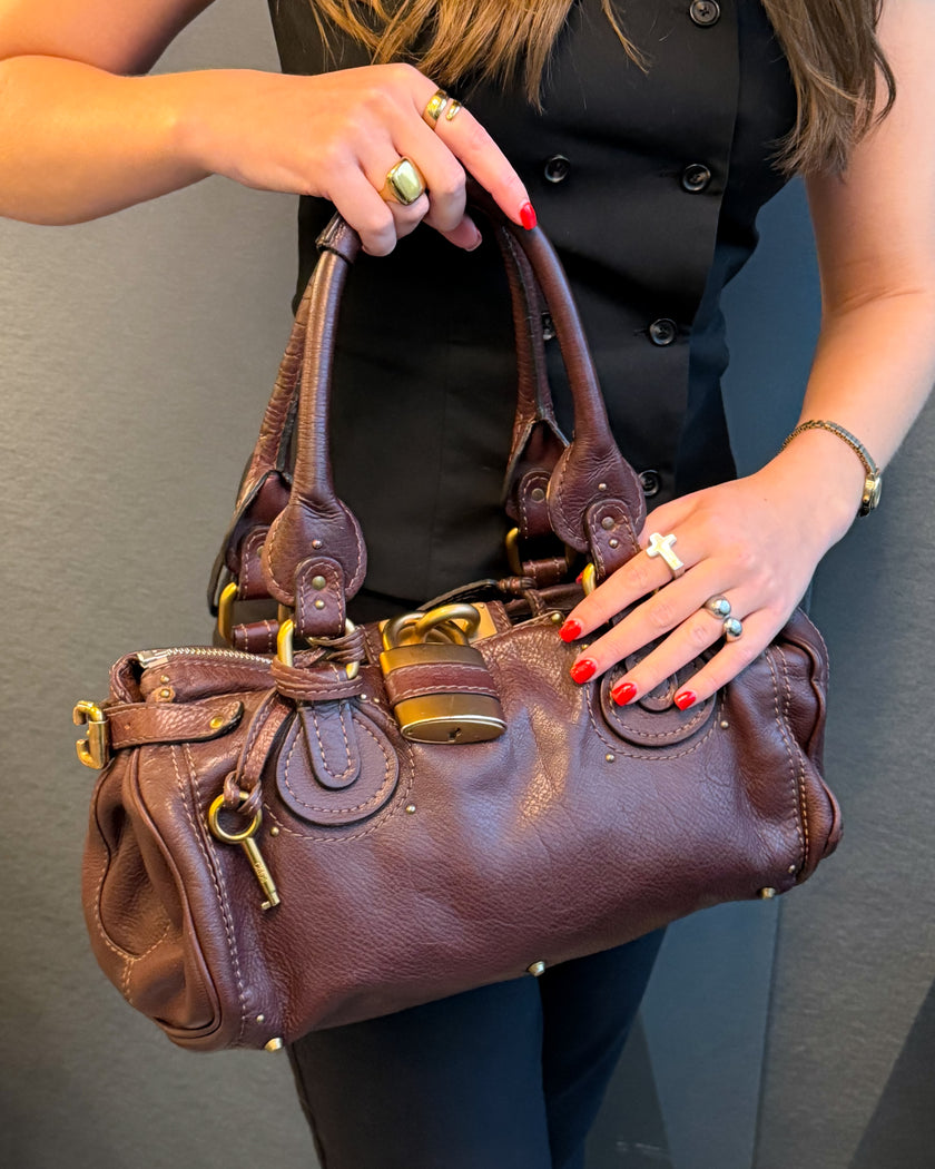 Chloé Paddington Chocolate Brown Bordeaux Leather Handbag with Padlock and Key