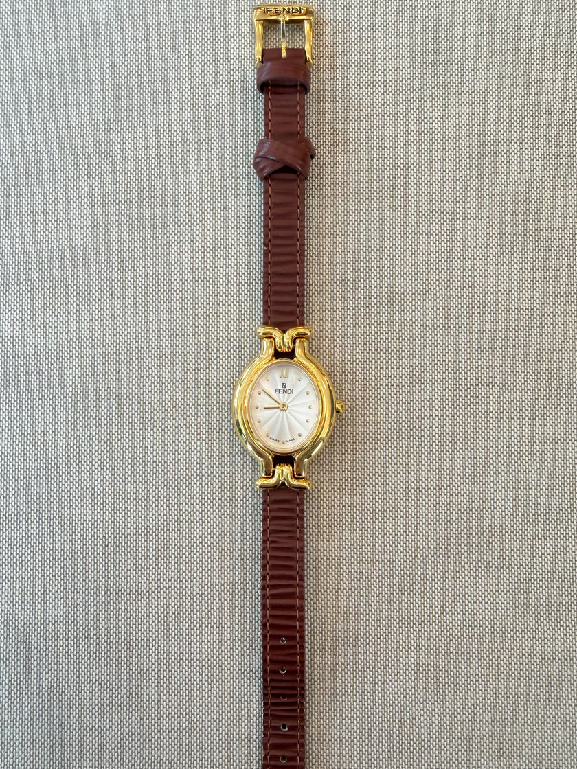 Vintage Fendi Gold Tone Watch with Brown Leather Strap