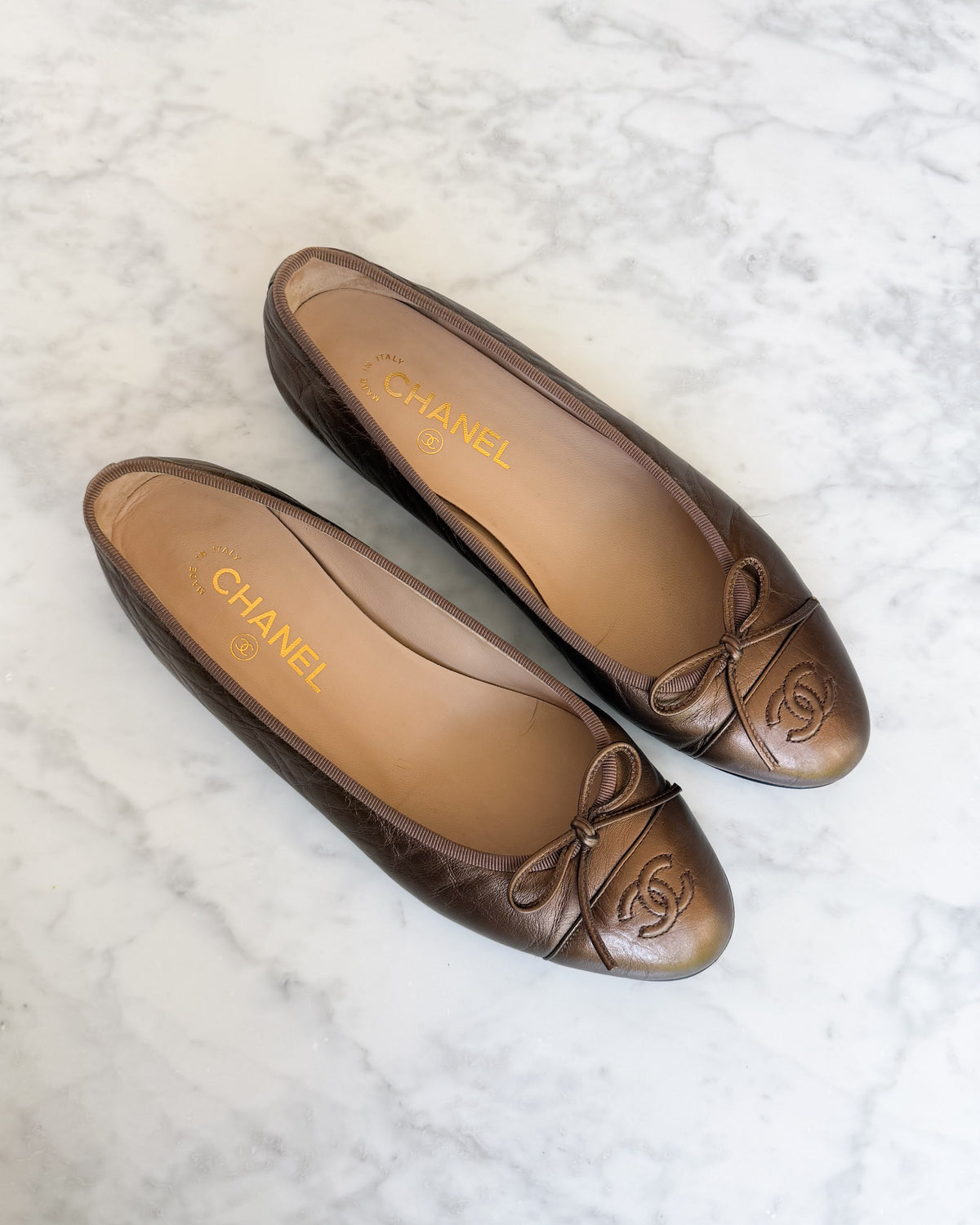 Chanel Bronze Leather CC Ballet Flats (39.5)