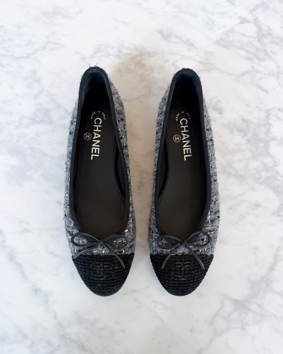 Chanel Grey & Black Tweed and Corduroy CC Toe Cap Ballet Flats (39.5)