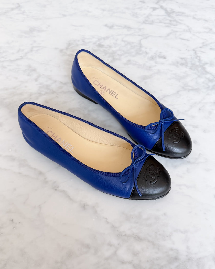 Chanel Electric Blue CC Cap Toe Ballet Flats (37.5)
