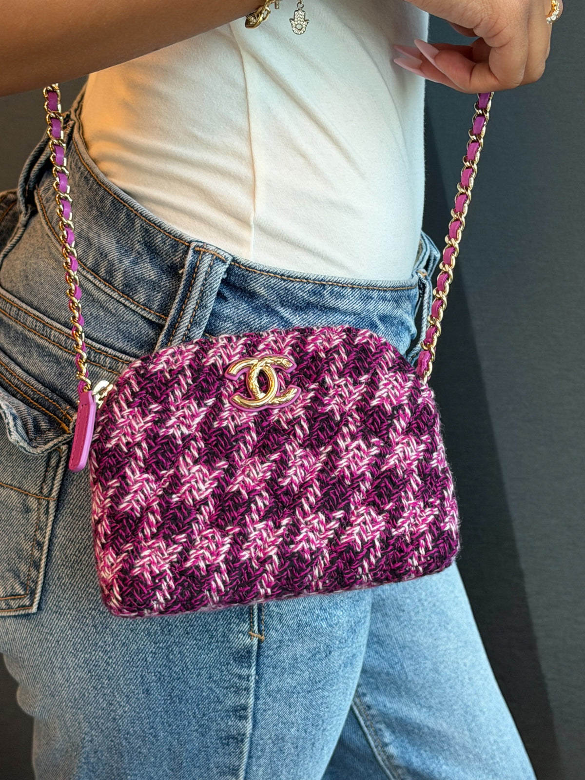 UNWORN Chanel Pink and Purple Tweed CC Chain Shoulder Bag with Gold Hardware